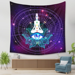 Interior view showing a bohemian meditation tapestry with chakra and mandala motifs
