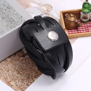 Multi-layer black woven leather bracelet with silver metal snap button for men