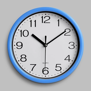 Minimalist 8-inch silent wall clock with bright blue frame and clear Arabic numerals