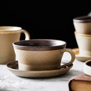 Handmade ceramic coffee cup and saucer set with vintage matte finish and glazed rim