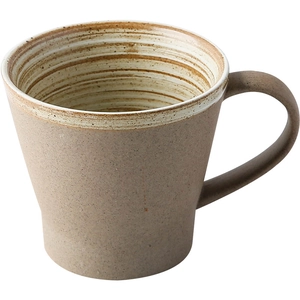 Handmade stoneware coffee cup with brown matte texture and spiral interior pattern