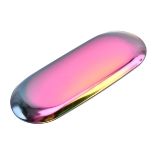 Minimalist oval stainless steel jewelry tray with colorful rainbow iridescent finish