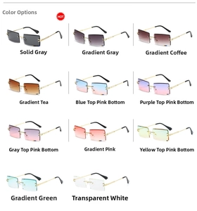 Detailed selection of rimless square sunglasses with various gradient lenses and gold temples