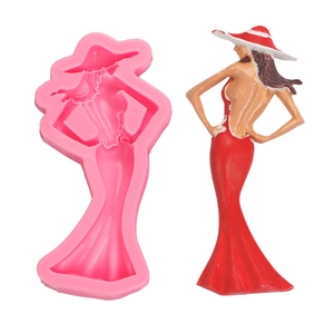 Pink silicone mold for making 3D elegant lady in red dress and hat for cake fondant
