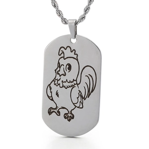 Polished silver stainless steel military dog tag pendant with rooster zodiac engraving
