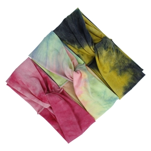 Three-piece set of tie-dye knotted wide elastic headbands in pink, green, and navy colors