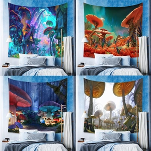 Mushroom Wall Tapestry Polyester Psychedelic Fantasy Forest Galaxy Glowing Trippy Mandala Aesthetic Room Decor