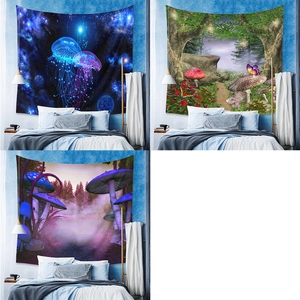 Three bohemian tapestries featuring jellyfish, forest and mushroom motifs for room decor