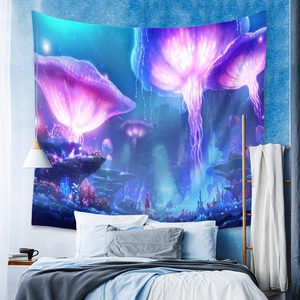 Detail of vibrant fluorescent mushroom and jellyfish tapestry hanging above a bedroom bed