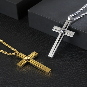 Hip hop style double layer gold and silver cross pendant necklaces with rope chain