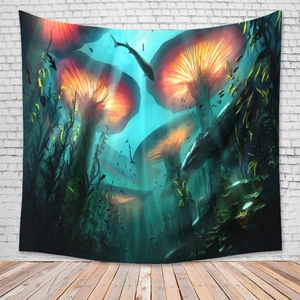 Detailed view of high-definition digital print showing glowing mushrooms on wall tapestry