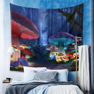 Detail view of fantasy forest mushroom tapestry hanging as a bedroom wall backdrop