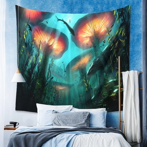 Detail of bohemian fantasy mushroom tapestry with deep sea fish and glowing plants in bedroom