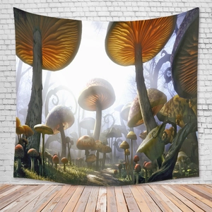 Detail of the fantasy mushroom forest tapestry hanging on a modern white brick wall
