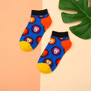 Unisex animal pattern low-cut cotton socks with colorful cartoon lion print and blue base