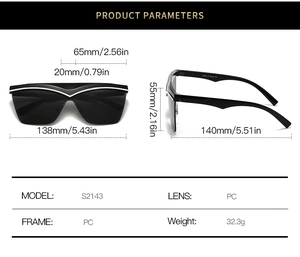 Detaillierte Maßtabelle für schwarze Oversize-Schild-Sonnenbrille mit weißem V-Dekor