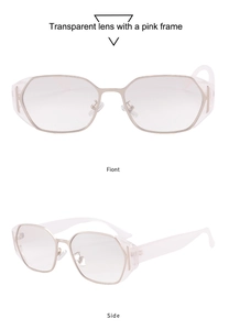 Front and side macro view of light pink polygon glasses frame with gold metal temples