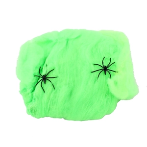 Green stretchable Halloween spider web decoration with small black plastic spiders