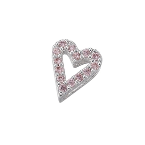 Silver hollow heart charm bead with pink micro-set zircon stones for DIY jewelry