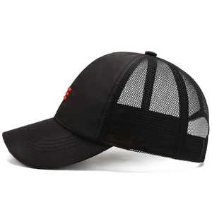 Men's black mesh baseball cap with breathable net design and red brim stitching detail