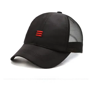 Detail of black breathable mesh panel and red linear embroidery on the baseball cap