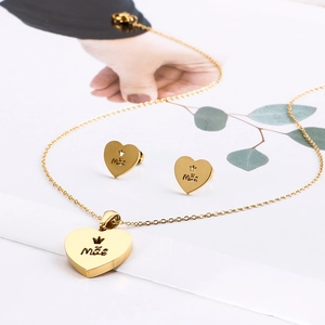 Minimalist gold heart necklace and earrings set with crown Mother's Day engraving