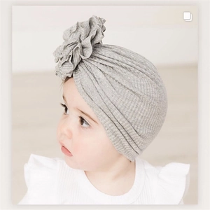 Light gray cotton ribbed baby turban hat with a 3D floral decoration for infants