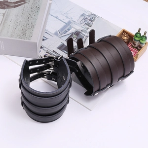 Punk style multi-layered black and brown wide leather handcuffs with metal buckles
