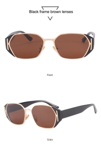 Detail view of hex sunglasses with gold metal frames, black temples and brown lenses