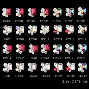 Macro shot of 28 styles of K9 alloy nail art rhinestones with pearls in 7.5x8mm size