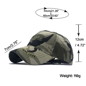 Detail of Navy Seal embroidery and camouflage pattern on the tactical baseball cap