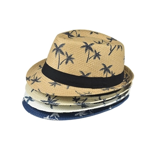 Classic linen fedora straw hats for summer with palm tree patterns in four colors