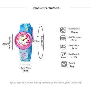 Detailed size specifications for a small candy color dolphin print kids silicone watch