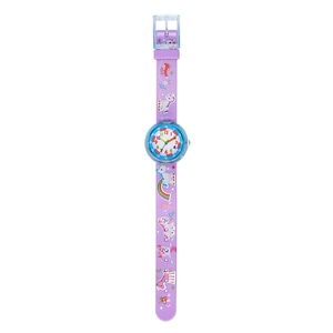 Close-up of purple silicone strap with unicorn and rainbow prints on kids' quartz watch