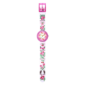Detail of pink resin kids watch with cartoon rose and cherry print on white strap