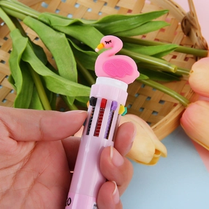 Pink flamingo 6-color retractable ballpoint pen for creative stationery and journaling