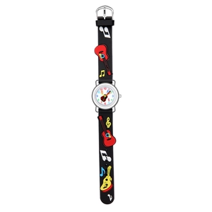 Macro view of kids' quartz watch with 3D embossed colorful guitar and music note patterns