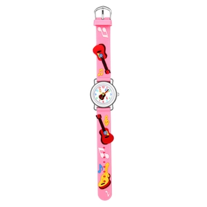 Detail of pink silicone watch strap featuring 3D guitar and musical note relief