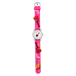 Detailed close-up of pink silicone strap with 3D embossed guitar patterns for kids watch