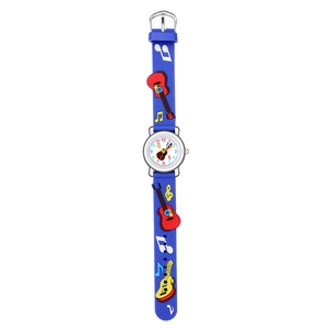 Detail of blue children's watch featuring 3D guitar pattern on flexible silicone strap
