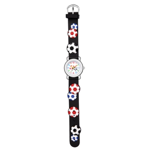 Close-up of kids cartoon sports watch with 3D embossed footballs and colored numbers