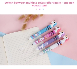 Detailed view of unicorn 10-color retractable ballpoint pens with cartoon toppers