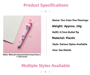 Close-up of 10-color ballpoint pen featuring a pink flamingo topper and 0.7mm tip