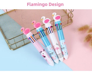 Detail showing colorful flamingo-themed 10-color retractable ballpoint pens in a gold basket