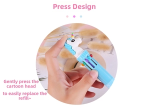 Close-up of cute unicorn topper on blue 10-color retractable ballpoint pen for students