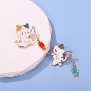 Cute cartoon cat fishing enamel pins with metal chain and fish charms for sweaters