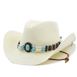 Women's western straw beach hat in cream white with turquoise beads and chin strap