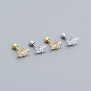 Macro detail of 925 silver flower stud earrings with marquise-cut zircon stones