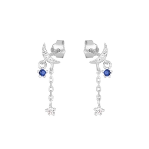 Elegant S925 silver crescent moon and star tassel earrings with blue zircon stones