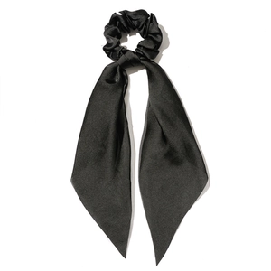 Classic black satin scrunchie with long double ribbons and elegant glossy finish